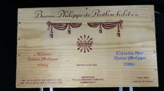 Baron Philippe De Rothschild Wine Bottle Crate 2 Bottles Gift Box Wood Vtg 85 - 86