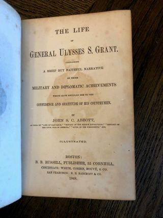 1868 1st Edition John Abbott Life Of Ulysses S.  Grant Civil War & President Bio