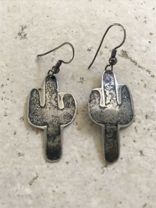 Vintage 925 Sterling Silver Southwest Cactus Hook Earrings With Patina