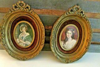 2 Vintage Victorian Cameo Creation Women Portraits In Ornate Oval Frames