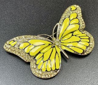 Vintage Brooch Pin Large 2.  5” Butterfly Enameled Paved Crystal Rhinestones