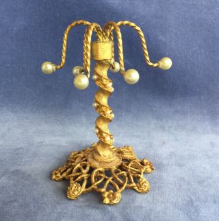 Vintage Gold Tone Faux Pearl Ring Stand Display Holder Hollywood Regency Boudoir