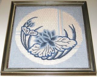Vintage Framed Blue Water Lily Floral Picture 16 x 16 Embroidery Needlepoint 3