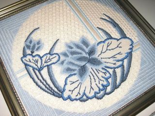 Vintage Framed Blue Water Lily Floral Picture 16 x 16 Embroidery Needlepoint 4