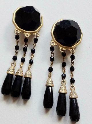Leslie Block Vintage Earrings Haute Couture Black Cabochon Ice Rhinestone Drops