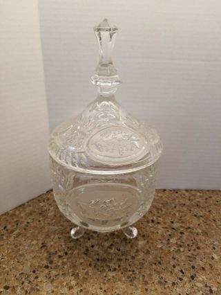 Heavy Vintage Clear Crystal 3 Footed Candy Dish With Spire Lid 10 "