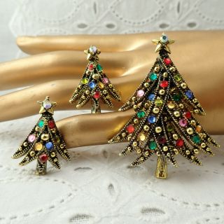 Vtg Hollycraft Multi Color Rhinestone Christmas Tree Pin Brooch Earring Set