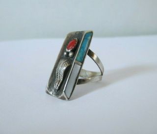Vintage Old Navajo Sterling Silver,  Turquoise,  Coral & Mop Ring Sz 6.  5