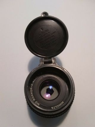 minolta md rokkor - x 45mm 1:2 lens,  vintage,  from film camera,  hinged cap 2