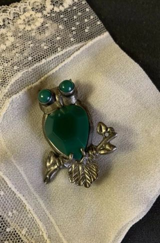 Vintage Taxco Mexico Sterling Silver Mexican 925 Malachite Owl Bird Pin Brooch