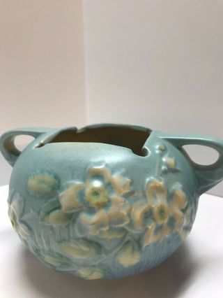 Vintage Roseville Pottery Blue Square Topped Vase Bowl 2 Handled Art Deco 387 - 4”