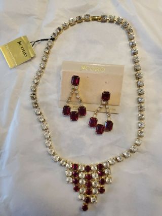 Signed Coro Vintage Necklace & Earrings Set Rhinestone Red Clear Tags