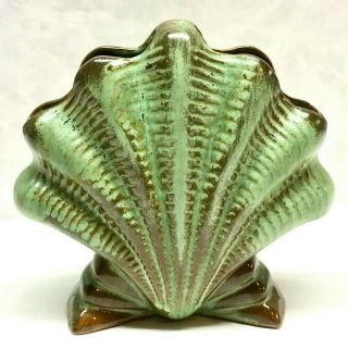 Vintage Frankoma Pottery Shell Flower Vase 54 Green & Brown Clam Seashell