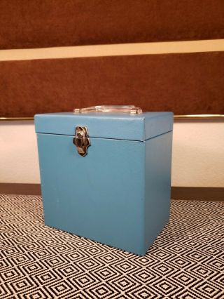 Vtg Retro 45rpm Record Holder Storage Box Case Powder Blue W/lucite Handle Evc