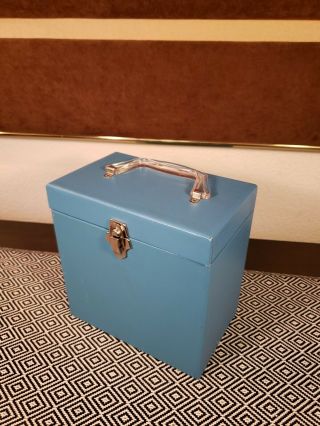 Vtg Retro 45rpm Record Holder Storage Box Case Powder Blue w/Lucite Handle EVC 2