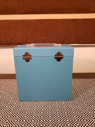 Vtg Retro 45rpm Record Holder Storage Box Case Powder Blue w/Lucite Handle EVC 4