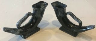 2 Anna Van Briggle Pottery Black Drip Glaze Horn of Plenty Cornucopia Vase VTG 2