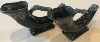 2 Anna Van Briggle Pottery Black Drip Glaze Horn of Plenty Cornucopia Vase VTG 3
