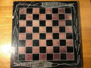 Vintage Marbleized Slate Chess Checkers Board Folk Art Hand Etched Fish Wahoo