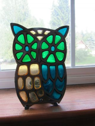 Vintage Hh Japan Owl Stained Glass Candle Holder Mcm 70 