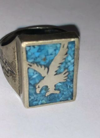 Vintage Southwest Turquoise Sterling Ring With Eagle Size 9 10 Grams
