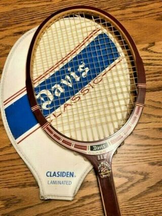 Vintage Davis Classic Iii Wood Tennis Racket - Orig Cover - Clasiden Laminated