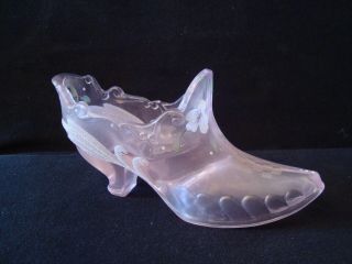 Vintage Fenton Glass Hand Painted Large Shoe With Flowers & Swans Signed & Label