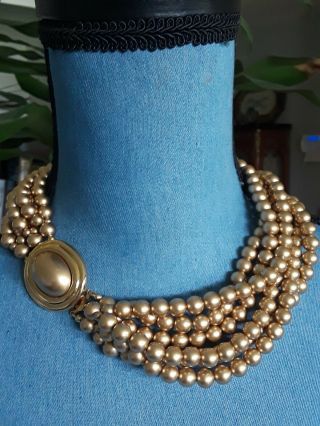 Vintage Necklace Choker Multi Strand Faux Pearl Goldtone Designer Signed Carolee