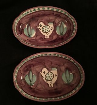 Solimene Vietri Oval Vintage Chick Maroon Plates.  Italy.  Set Of Two