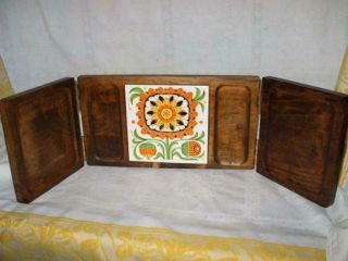 Vintage Wooden Folding Cheese Serving Board 3 Section Retro Flower Tile