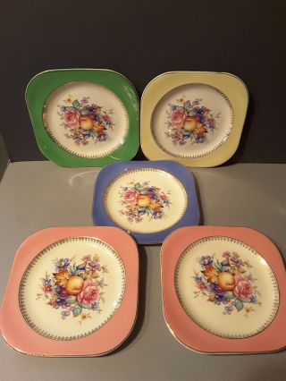 5 Steubenville Vintage Plates Fruits & Flowers Green,  Yellow,  Pink & Blue Edge