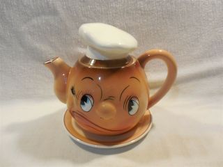 Vtg Py Japan Ceramic Anthropomorphic Chef Oh My A Fly Teapot & Underplate