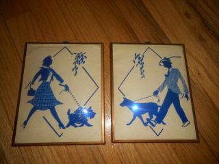 Pair Vintage Blue Reverse Painted Convex Glass Silhouette Picture Walking Dogs