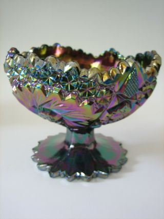Vtg Fenton Carnival Glass Iridescent Purple Green Blue Star Footed Candy Bowl