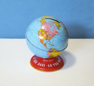 Vintage Collectible World Globe Tin Bank Ohio Art Company 2