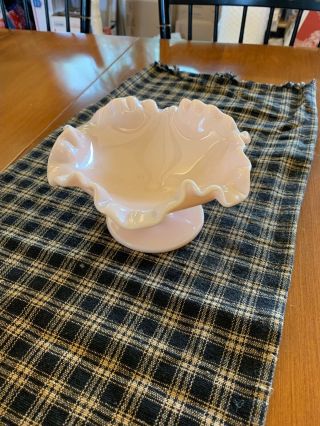 Vintage Fenton Pastel Pink Milk Glass Footed Compote Candy Dish W/ Ruffled Edge