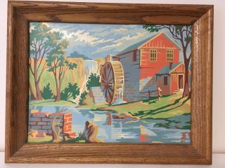 Vintage Paint By Numbers Retro Mill House Water Wheel,  Finished Framed Painting