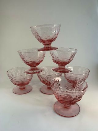 Vtg Crinkle 1980s Seneca Driftwood Morgantown Pink Glass Dessert Fruit Cups X 7