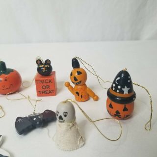 Vintage Halloween Ornaments Miniature Tree Wooden Witch Pumpkin Black Cat Ghost