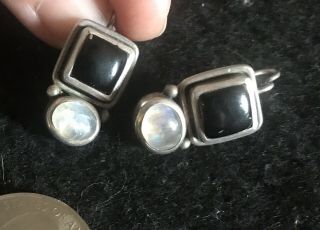 Vintage Sterling Silver 925 Moonstone Black Onyx Earrings Southwestern Hooks