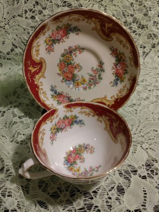 Vintage Tuscan Fine English Bone China " Naples " Burgandy/floral Tea Cup & Saucer