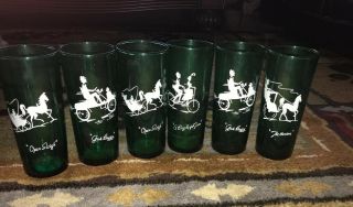 6 Vtg Anchor Hocking Green Glasses Gas Buggy,  The Harmon,  Open Sleigh,  Bicycle