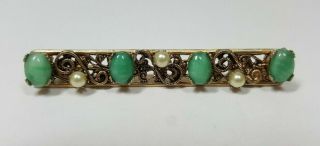 Vintage Gold Toned Jade - Glass Cabochon & Mini - Faux - Pearl 2.  25 " Long Bar Brooch