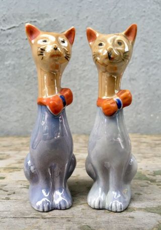 Art Deco Porcelain Lusterware Luster Cats Salt & Pepper Set Shakers Japan Vtg