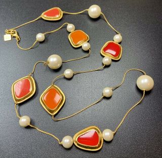Signed Anne Klein Vintage Necklace 34” Gold Tone Faux Pearls Orange & Red Resin