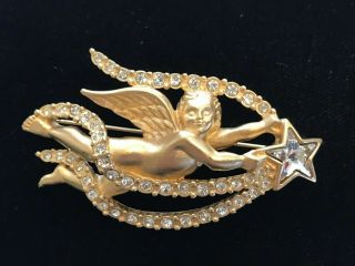 Vintage Swan Signed Swarovski Crystal Rhinestone Angel Brooch Pin Shooting Star
