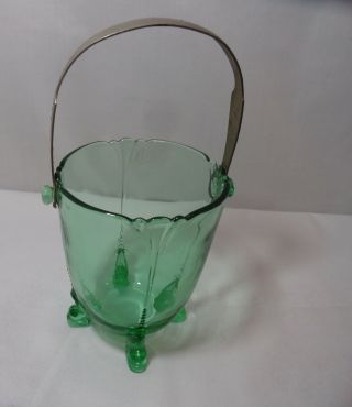 Vintage Green Depression Green Footed Ice Bucket Metal Handle Beaded Sides
