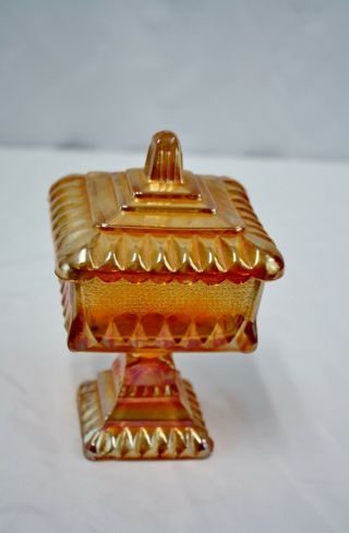 Vintage Jeanette Marigold Carnival Glass Wedding Box Covered Compote Candy Dish