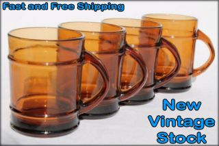 4 Nos Vintage Anchor Hocking Amber Brown Barrel Style Coffee Mugs Cups