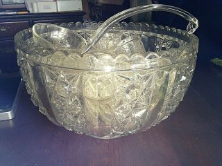 Vintage Anchor Hocking 21 Pc Glass Punch Bowl Set Prescut Pattern Star Of David